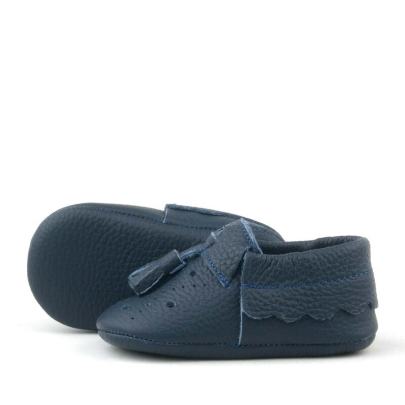 Peppa Hakiki Deri Lacivert Püsküllü Lastikli Bebek Patik - 6