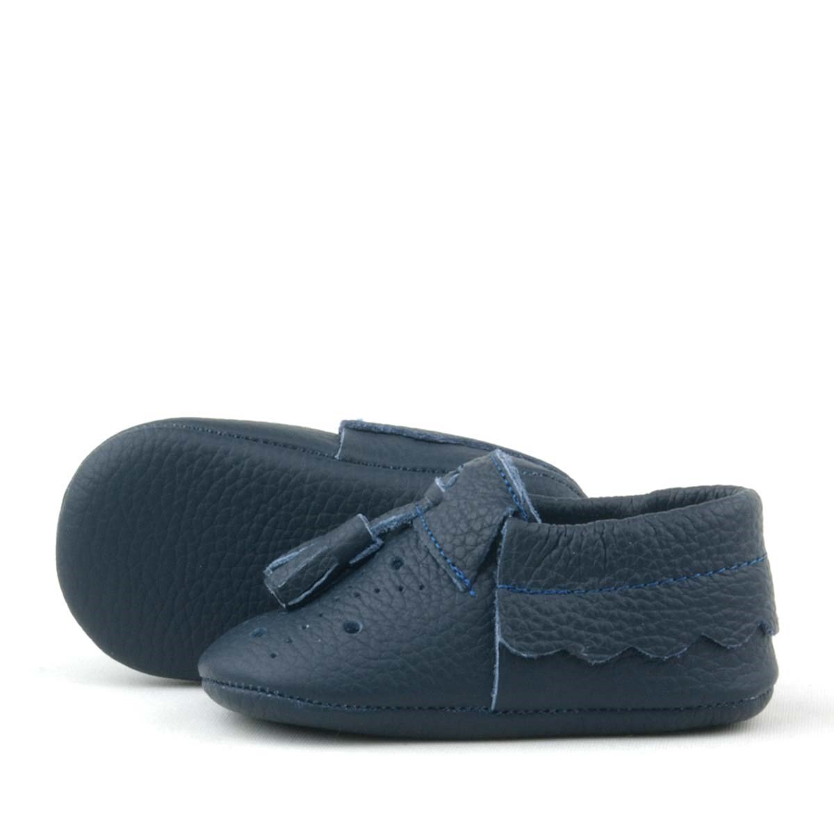 Peppa Hakiki Deri Lacivert Püsküllü Lastikli Bebek Patik - 6