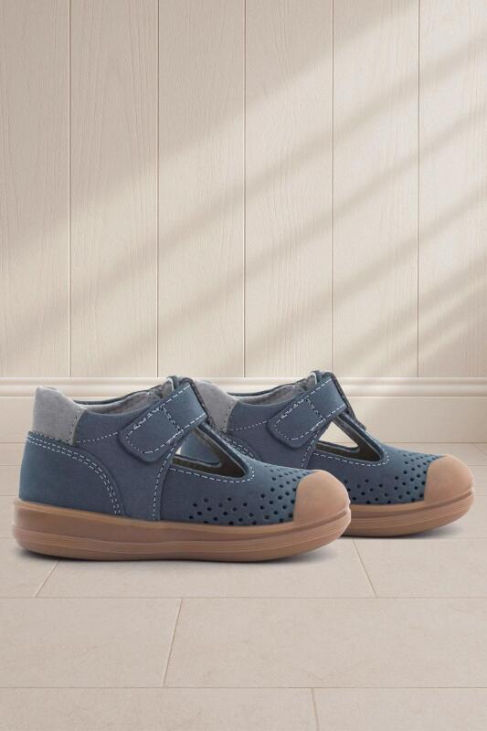 Rakerplus Shaun Hakiki Deri Lacivert Gri Cırtlı Anatomik Bebek Sandalet - Rakerplus