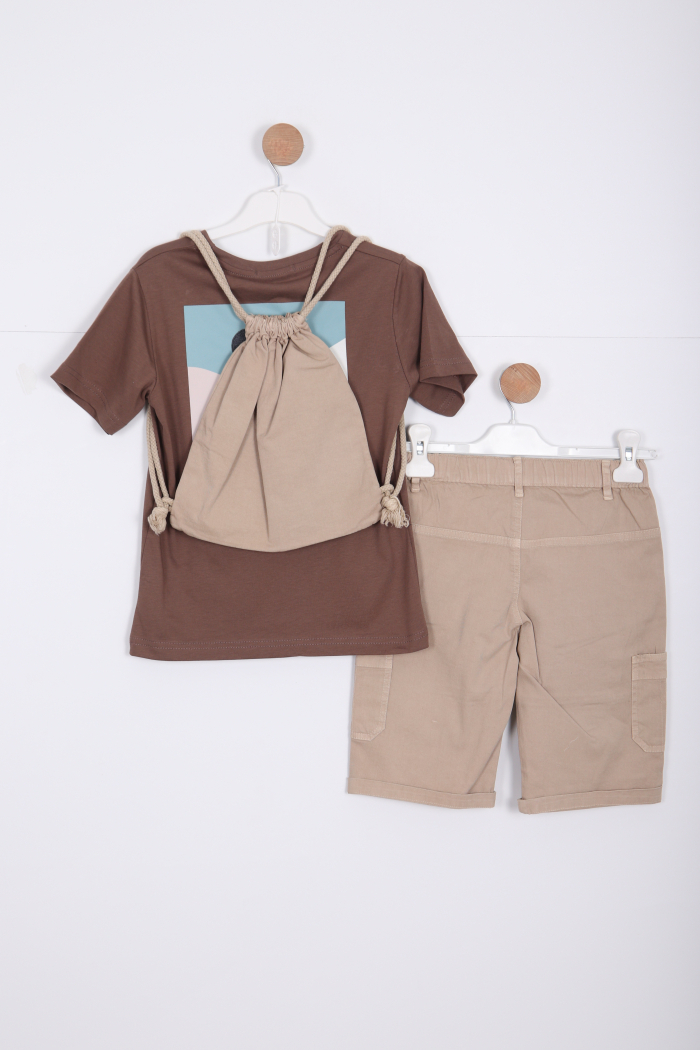 Erkek Çocuk Alt Üst Şort Takım 8-14 Yaş 4141 Kahverengi - 3