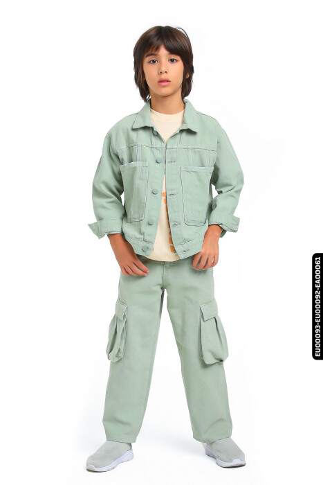 Düğmeli Polo Yakalı Kargo Cepli Örmeli Oversize Erkek Çocuk Ceket 5-14 Yaş 24220 su yeşili * - 2