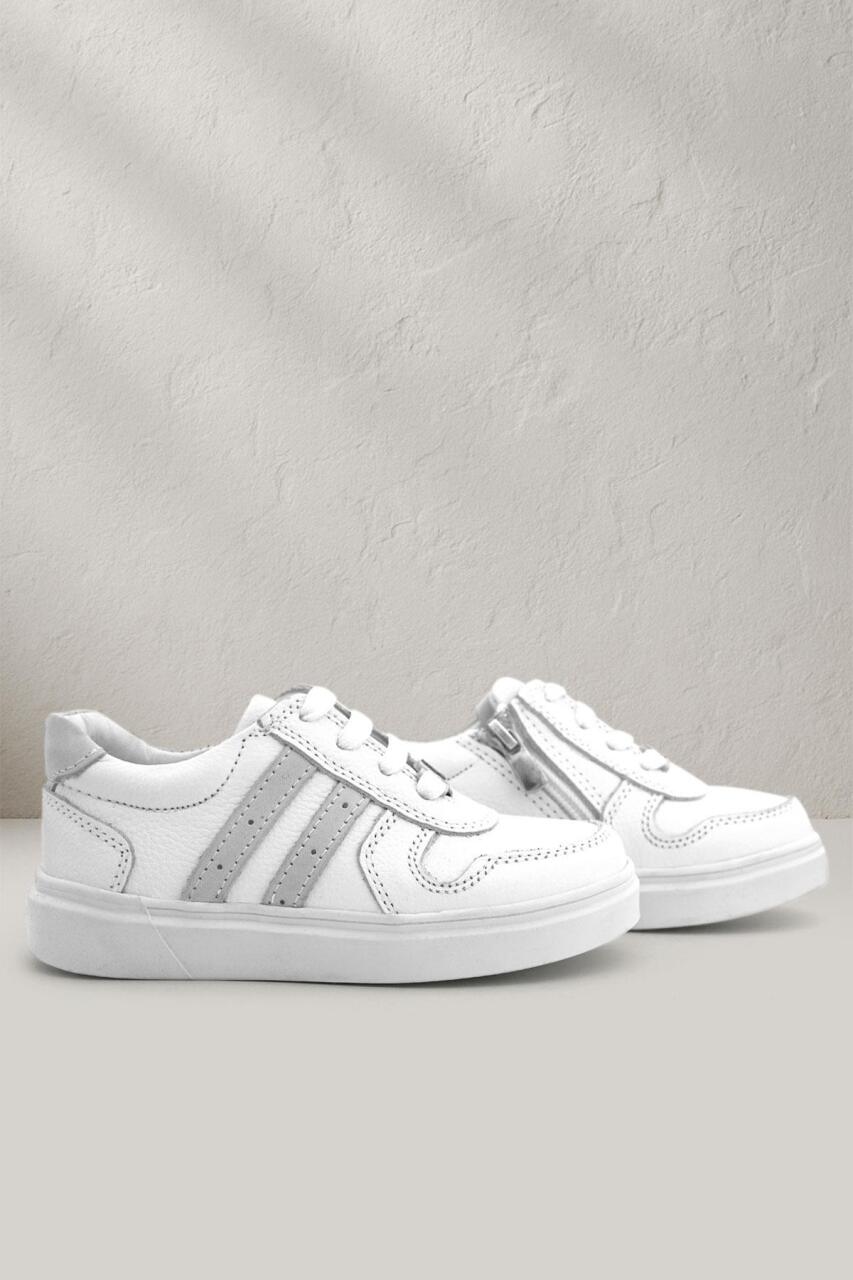 Rakerplus Hakiki Deri Beyaz Bağcıklı Fermuarlı Çocuk Sneaker Ayakkabı - 1