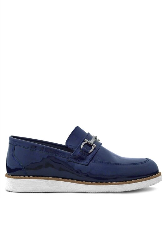 Rakerplus Hakiki Deri Lacivert Rugan Beyaz Tabanlı Loafer Çocuk Klasik Ayakkabı - 3