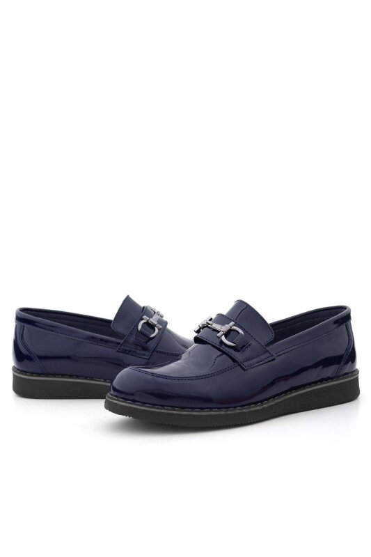 Rakerplus Hakiki Deri Lacivert Rugan Tokalı Loafer Çocuk Klasik Ayakkabı - 7