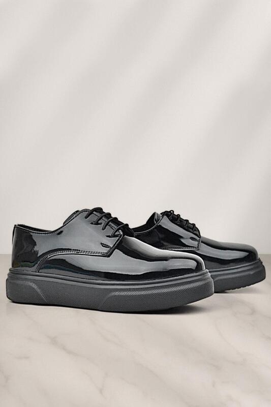 Rakerplus Derby Hakiki Deri Siyah Rugan Siyah Taban Çocuk Klasik Ayakkabı - 1