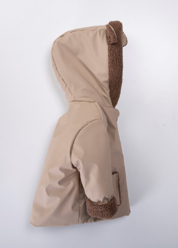 İçi Polarlı Su Ve Rüzgar Geçirmez Kapüşonlu Deri Şişme Erkek Çocuk Mont 2-6 Yaş 51407 Bej - 3