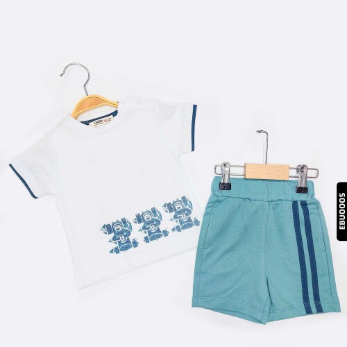 Baskılı Yakası Yandan Düğmeli Erkek Bebek Şortlu Pijama Takımı 6 Ay - 2 Yaş 1054 - 11