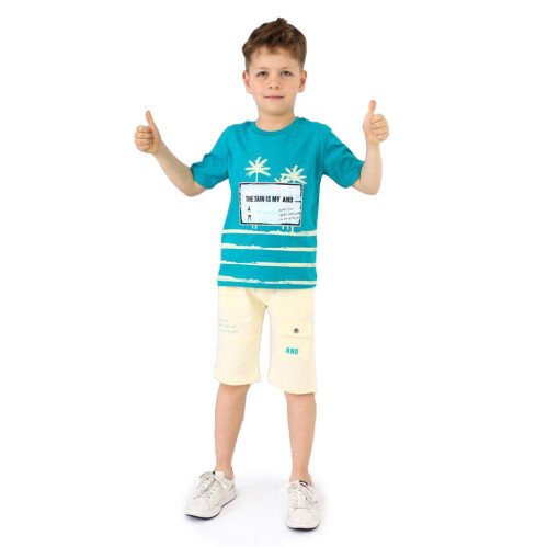 Palmiye Baskılı Pamuklu Kısa Kol Erkek Çocuk Şortlu Pijama Takımı 2-7 Yaş 3202 Eştk00016 - 1