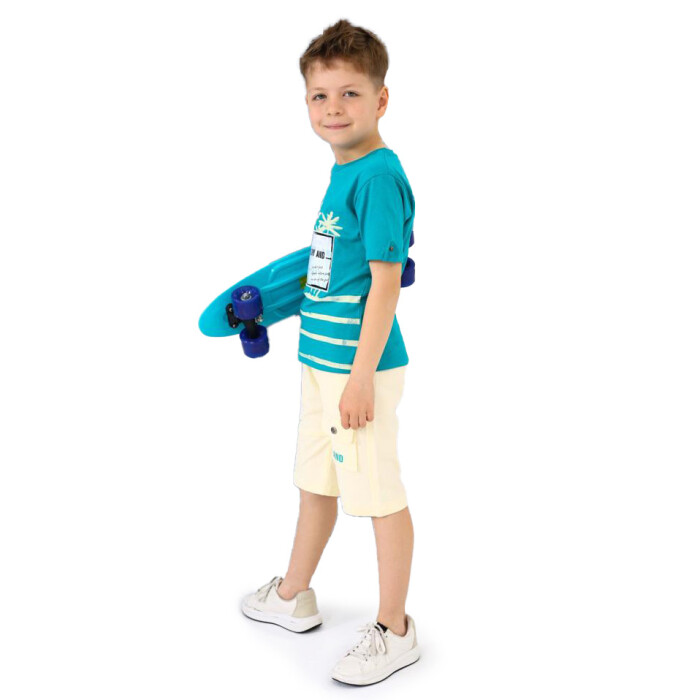 Palmiye Baskılı Pamuklu Kısa Kol Erkek Çocuk Şortlu Pijama Takımı 2-7 Yaş 3202 Eştk00016 - 3