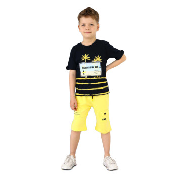 Palmiye Baskılı Pamuklu Kısa Kol Erkek Çocuk Şortlu Pijama Takımı 2-7 Yaş 3202 Eştk00016 