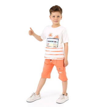 Palmiye Baskılı Pamuklu Kısa Kol Erkek Çocuk Şortlu Pijama Takımı 2-7 Yaş 3202 Eştk00016 