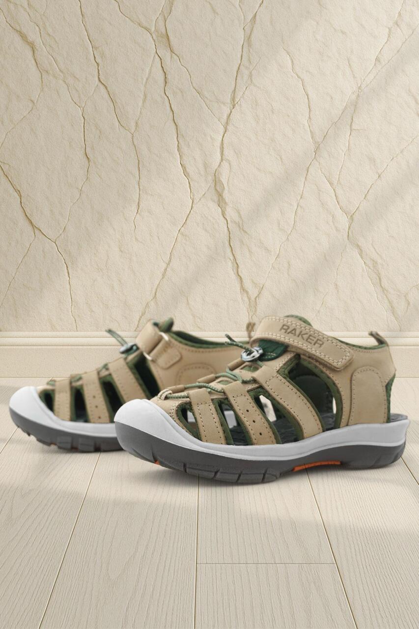 Rakerplus Hakiki Deri Kum Rengi Haki Yeşil Çocuk Sandalet - 1