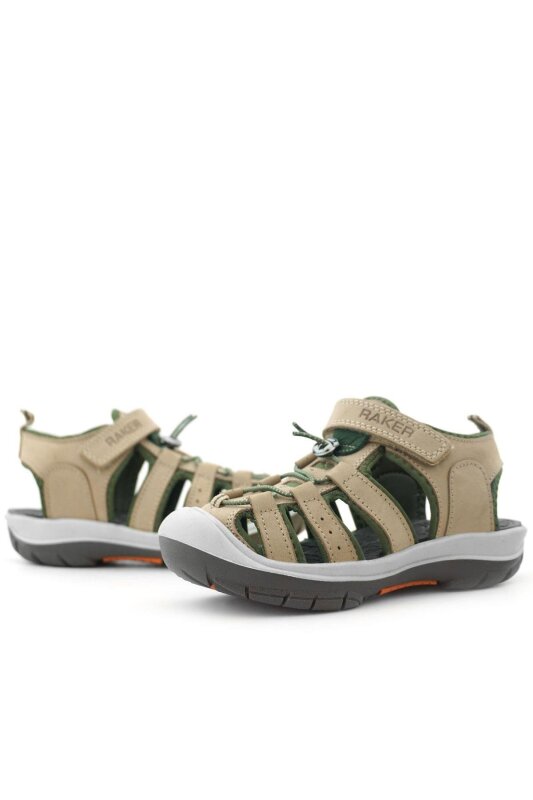 Rakerplus Hakiki Deri Kum Rengi Haki Yeşil Çocuk Sandalet - 8