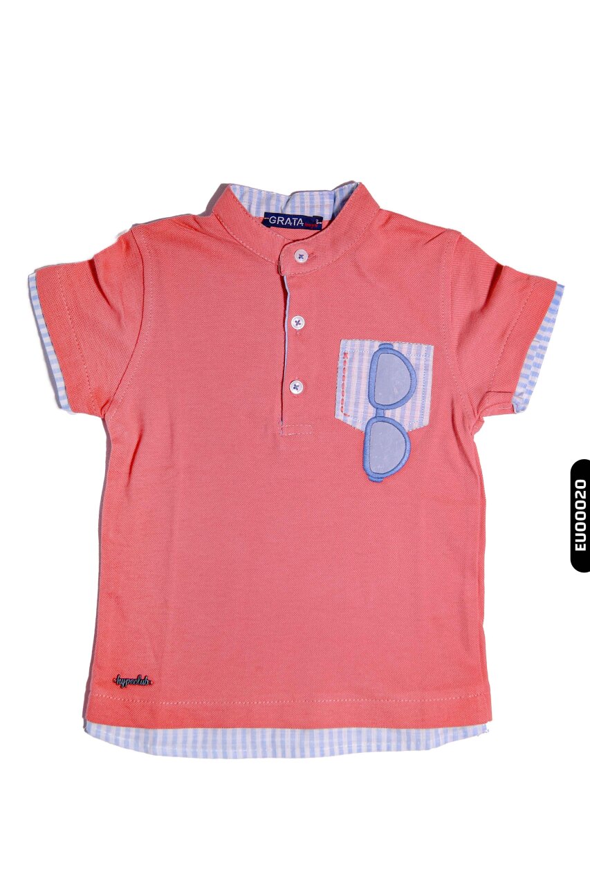 %100 Pamuklu Gözlük Baskılı Erkek Çocuk Düğmeli Polo Tişört 1-5 Yaş 8148 Kırmızı - 1