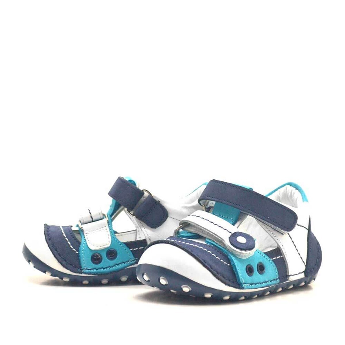 Nino Hakiki Deri Mavi Cırtlı Yazlık İlk Adım Bebek Ayakkabı - 3