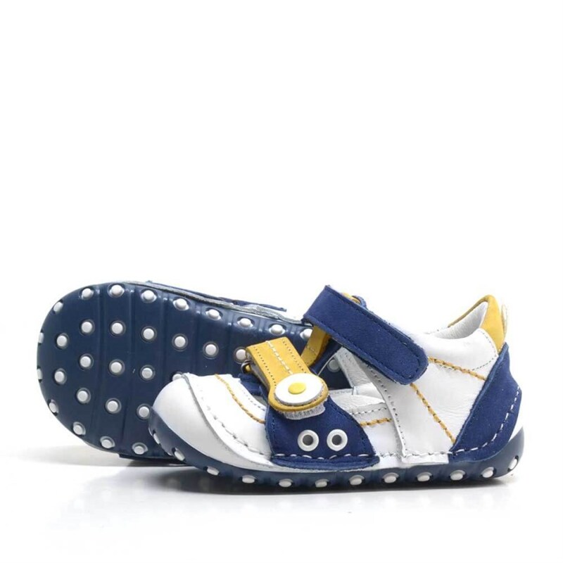 Hakiki Deri Sarı Lacivert Cırtlı Yazlık İlk Adım Ayakkabı - 3