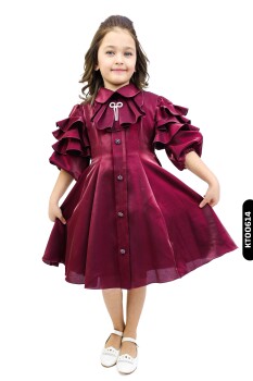 Fırfırlı Büzgü Kollu Sivri Yakalı Aplikeli A-line Kız Çocuk Elbise 3-10 Yaş 878 