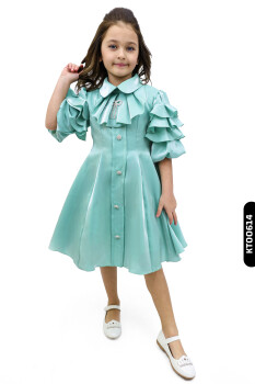 Fırfırlı Büzgü Kollu Sivri Yakalı Aplikeli A-line Kız Çocuk Elbise 3-10 Yaş 878 