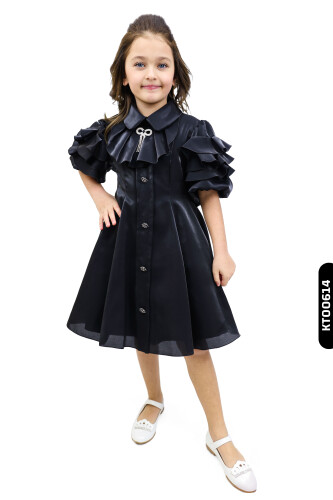 Fırfırlı Büzgü Kollu Sivri Yakalı Aplikeli A-line Kız Çocuk Elbise 3-10 Yaş 878 - 1