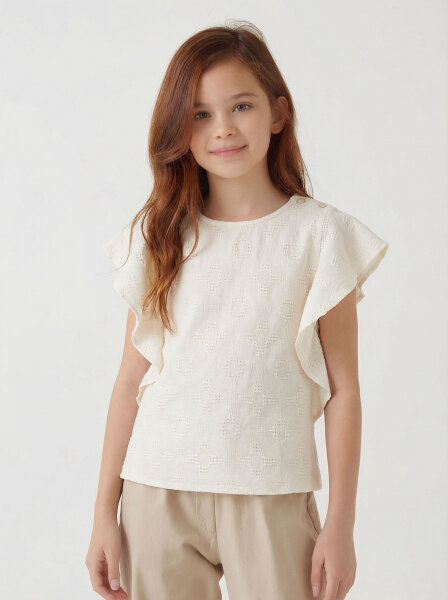 Angel Sleeve O Neck Back Buttoned Openwork Girl's Blouse 8-14 Years 36361 - NK KİDS