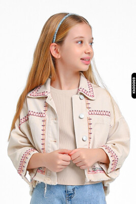 Embroidered Pointed Collar Double Pocket Buttoned Girls Jacket 5-14 Years 24227 - ESCABEL