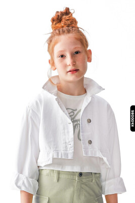 Buttoned Polo Collar Fake Double Pocket Solid Color Girls Jacket 8-14 Years 36704 - NK KİDS