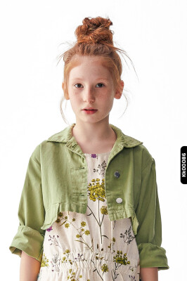 Buttoned Polo Collar Fake Double Pocket Solid Color Girls Jacket 8-14 Years 36704 - NK KİDS