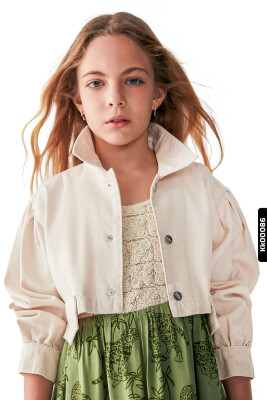 Buttoned Polo Collar Fake Double Pocket Solid Color Girls Jacket 8-14 Years 36704 - NK KİDS
