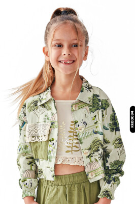 pointed collar buttoned single pocket drawstring sleeve girls shirt 4-8 years 36501 - NK KİDS