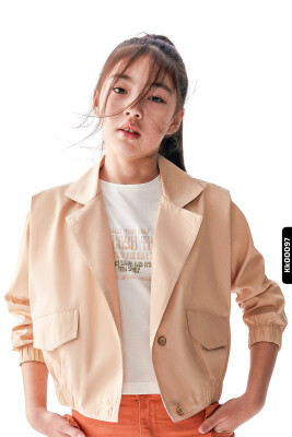 Pointed Collar Bottom Section Buttoned Drawstring Sleeve Girl's Jacket 8-14 Years 36432 - NK KİDS