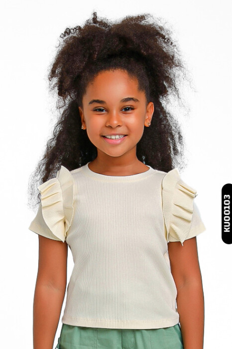 Ruffled Short Sleeve O-Neck Striped Girl's Sweater 5-14 Years 35773 - 1