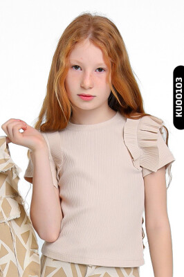 Ruffled Short Sleeve O-Neck Striped Girl's Sweater 5-14 Years 35773 