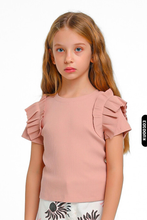 Ruffled Short Sleeve O-Neck Striped Girl's Sweater 5-14 Years 35773 - 1