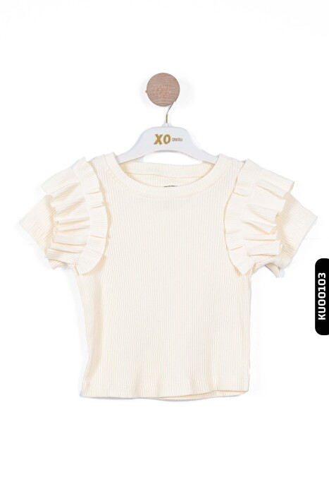 Ruffled Short Sleeve O-Neck Striped Girl's Sweater 5-14 Years 35773 - 2