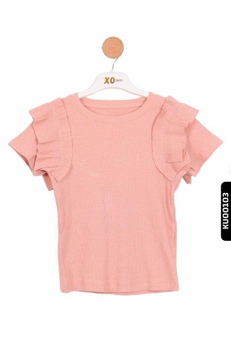 Ruffled Short Sleeve O-Neck Striped Girl's Sweater 5-14 Years 35773 - 2