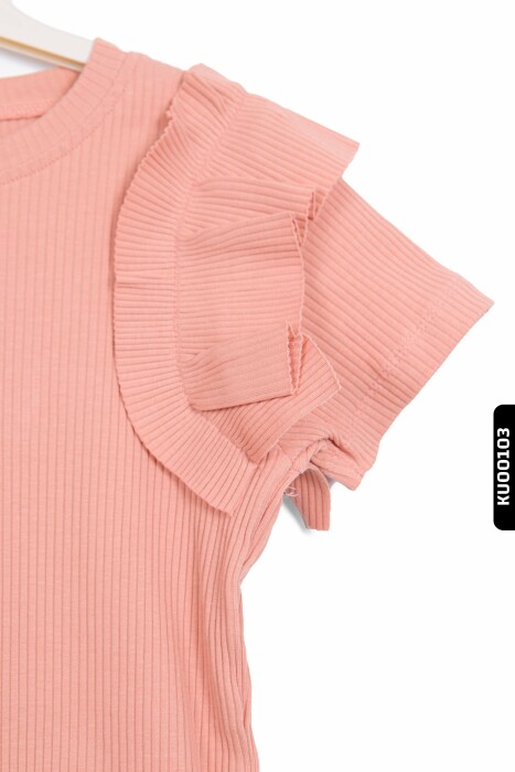 Ruffled Short Sleeve O-Neck Striped Girl's Sweater 5-14 Years 35773 - 4