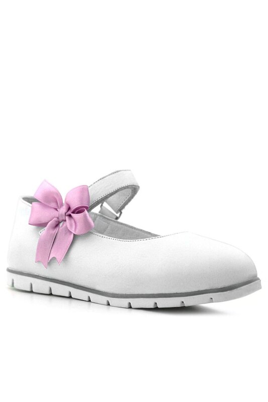 Rakerplus Hakiki Deri Beyaz Cırtlı Pembe Kurdeleli Kız Çocuk Babet - 2