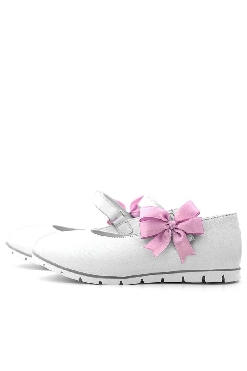 Rakerplus Hakiki Deri Beyaz Cırtlı Pembe Kurdeleli Kız Çocuk Babet - 4