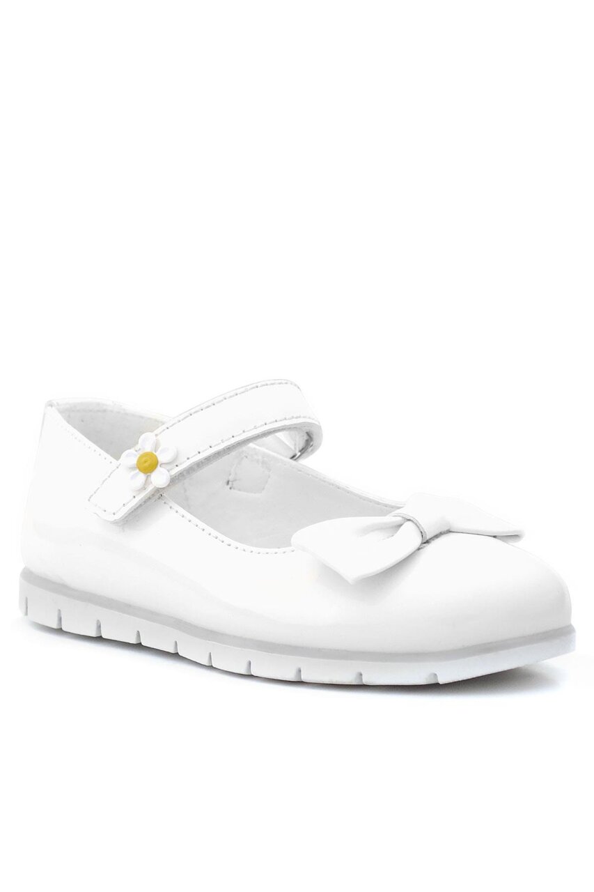 Rakerplus White Patent Leather Girls' Ballet Flats with Bow and Daisy Detail and Velcro Closure - 2