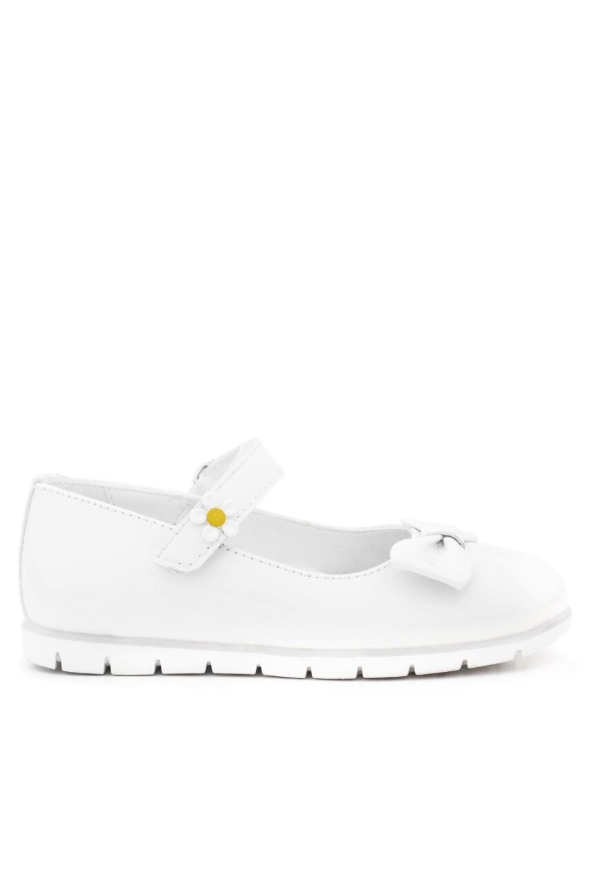 Rakerplus White Patent Leather Girls' Ballet Flats with Bow and Daisy Detail and Velcro Closure - 5