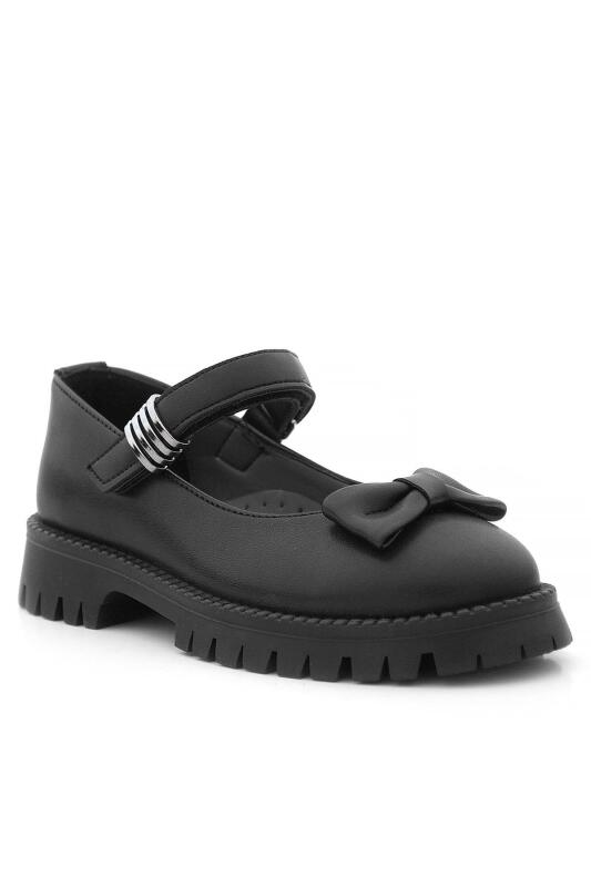 Rakerplus Black Matte Thick-Soled Girls' Ballet Flats with Metal Details and Velcro Closure - 2