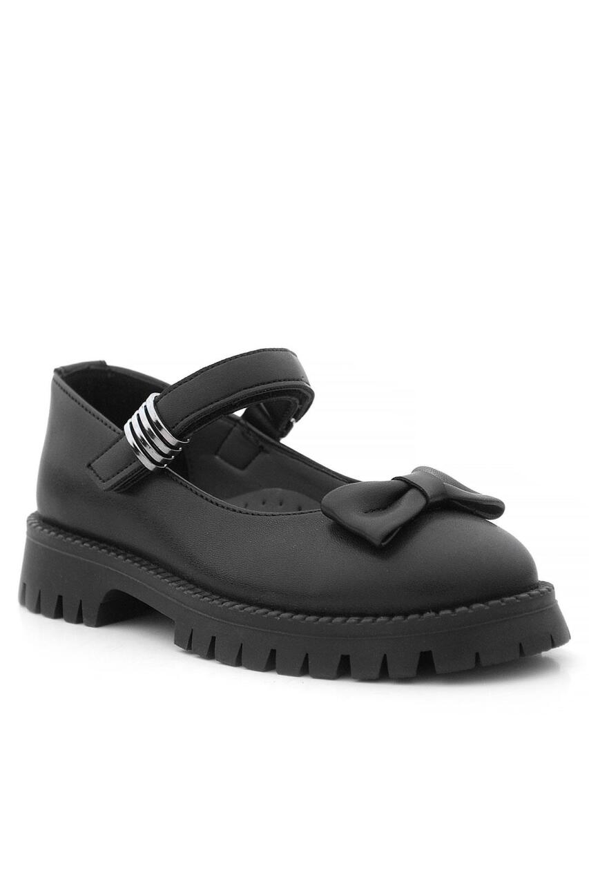 Rakerplus Black Matte Thick-Soled Girls' Ballet Flats with Metal Details and Velcro Closure - 2