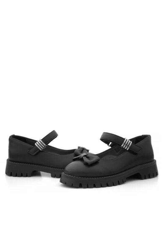 Rakerplus Black Matte Thick-Soled Girls' Ballet Flats with Metal Details and Velcro Closure - 8