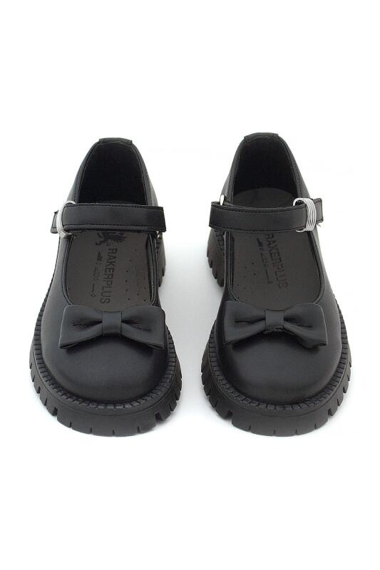 Rakerplus Black Matte Thick-Soled Girls' Ballet Flats with Metal Details and Velcro Closure - 9