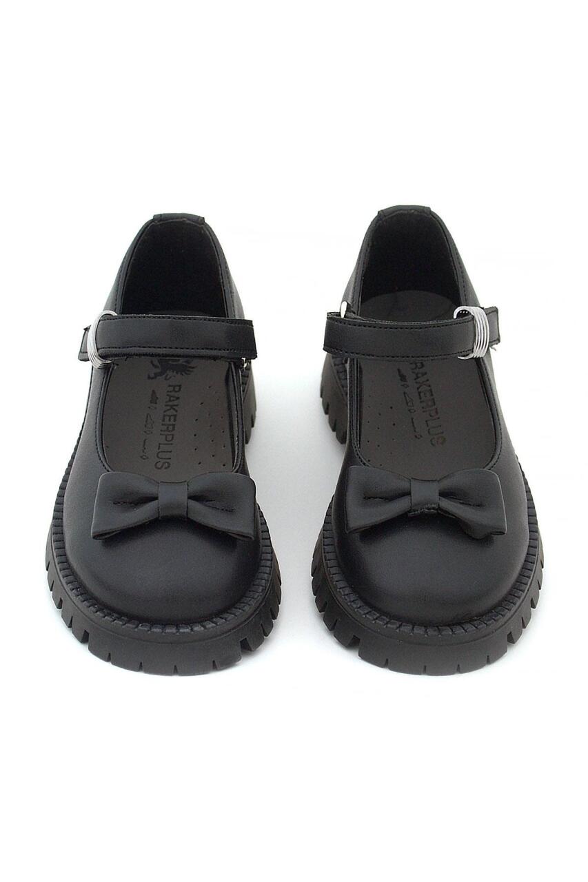 Rakerplus Black Matte Thick-Soled Girls' Ballet Flats with Metal Details and Velcro Closure - 9