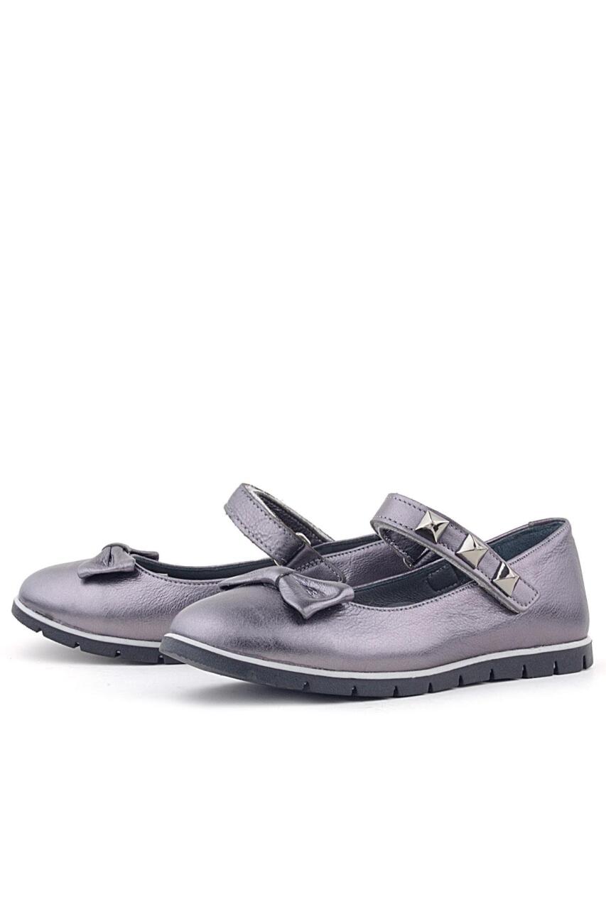 Rakerplus Hakiki Deri Platin Cırtlı Metal Detaylı Kız Çocuk Babet Ayakkabı - 5