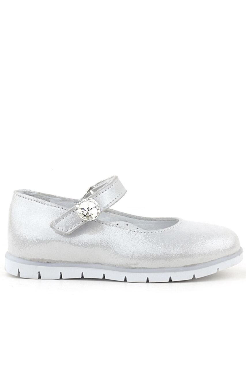 Rakerplus Genuine Leather Silver Velcro Closure Stone Detailed Girls' Ballet Flats - 2