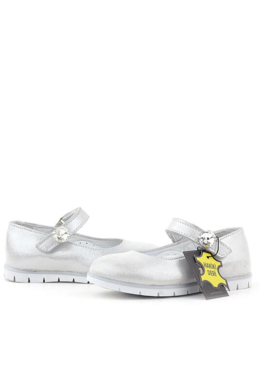 Rakerplus Genuine Leather Silver Velcro Closure Stone Detailed Girls' Ballet Flats - 6
