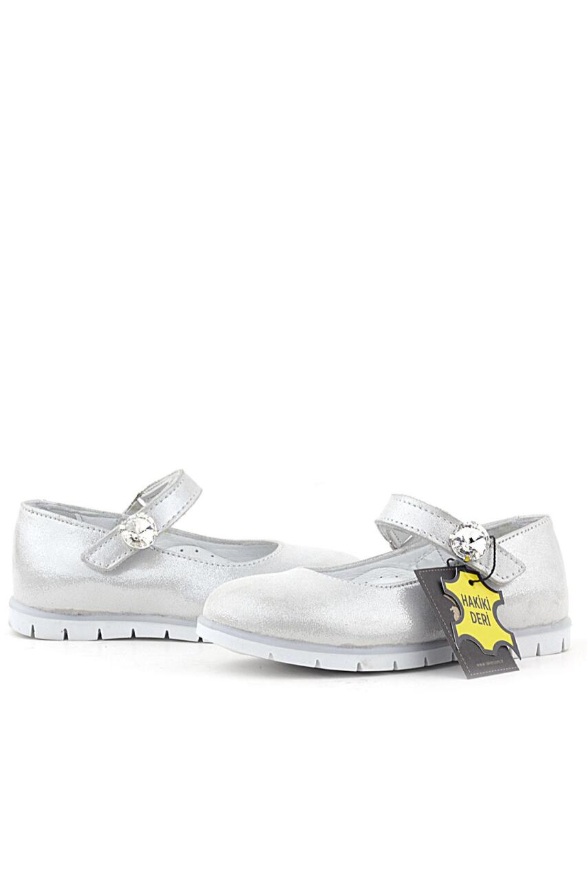 Rakerplus Genuine Leather Silver Velcro Closure Stone Detailed Girls' Ballet Flats - 6