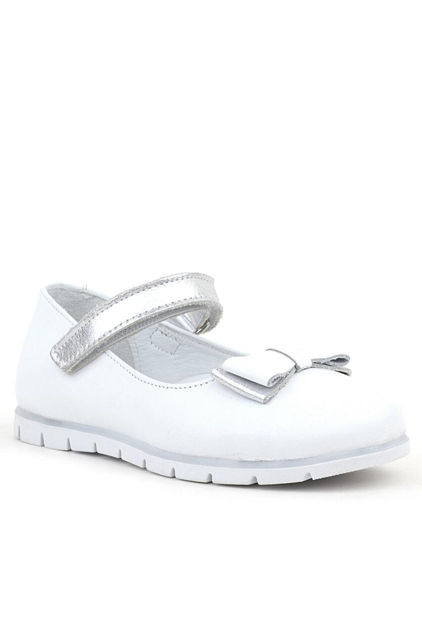 Rakerplus Genuine Leather White Girls' Ballet Flats with Silver Bow and Velcro Closure - 1